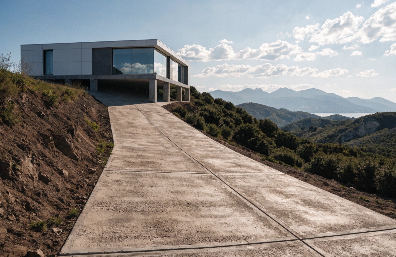 Concrete driveway poured on a sloping grade outside an elevated Chapman home