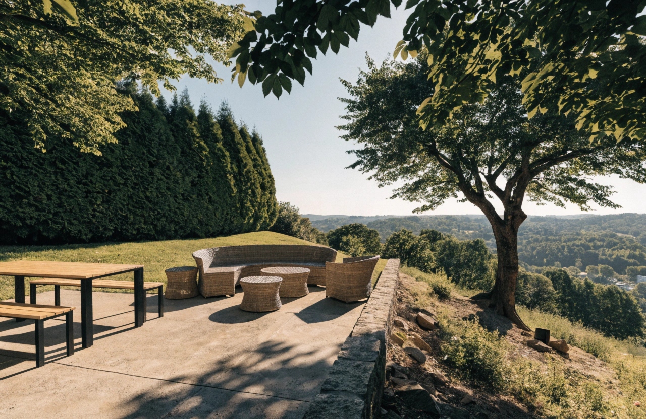 Level concrete entertaining patio cut into a sloping Chapman backyard with a view outlook
