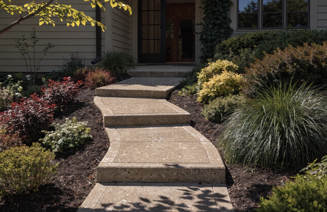 Concrete steps built into a path on an elevated, sloping Chapman block