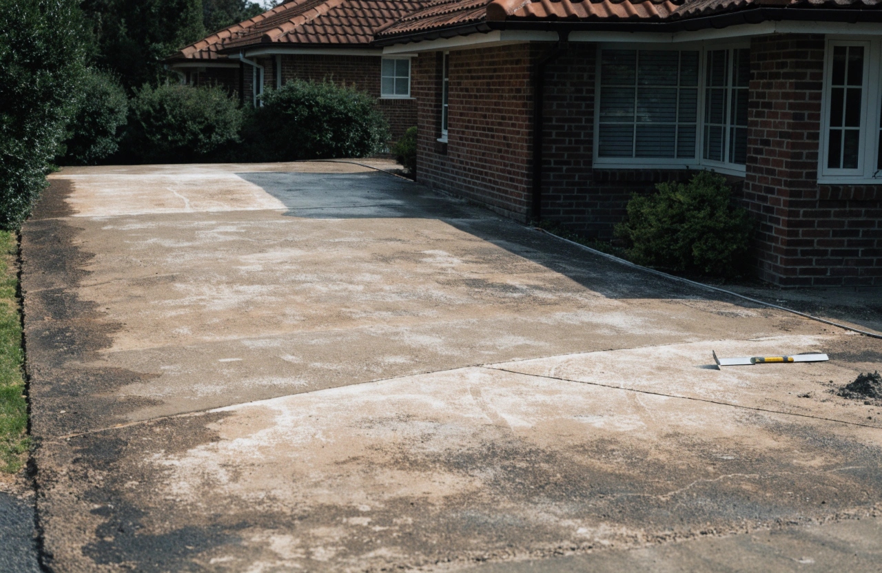 Worn concrete driveway being resurfaced outside an established Chisholm home