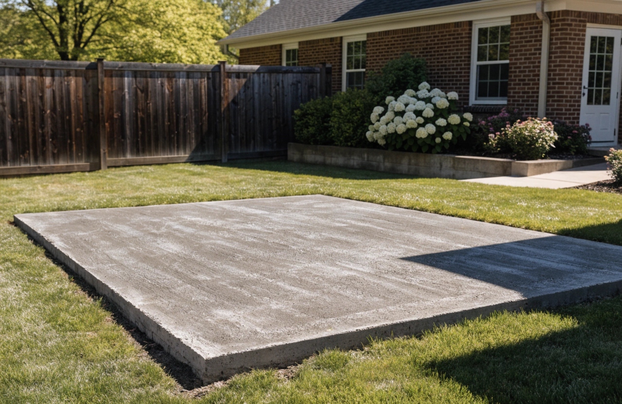 Concrete shed slab in a Conder backyard