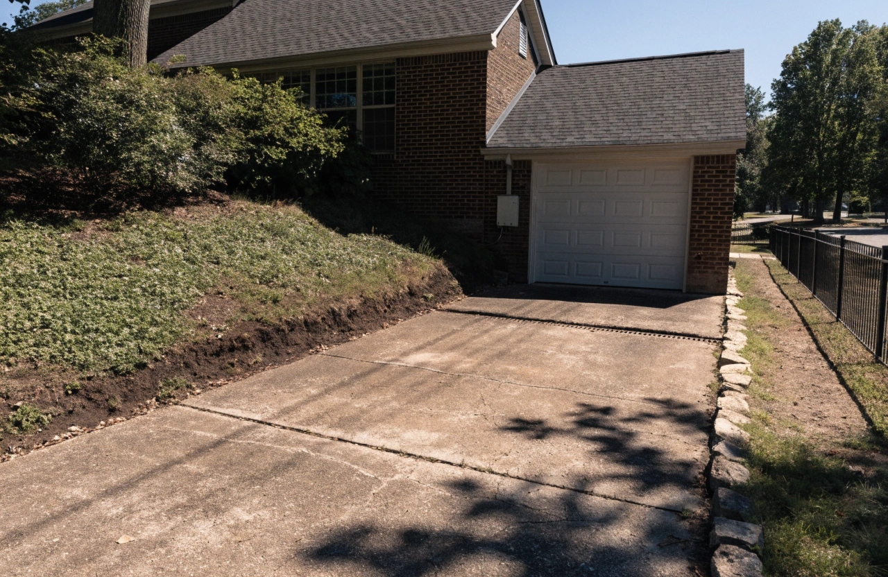 Drainage channel cut into a concrete driveway on a sloped Fadden property