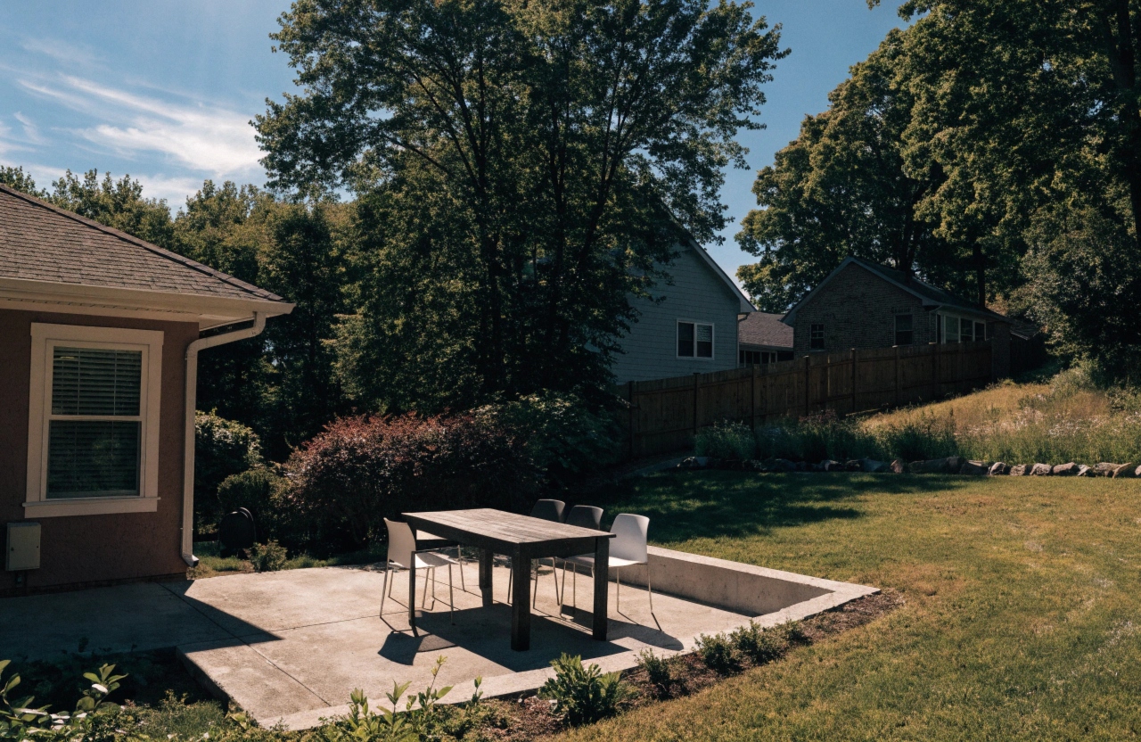Level concrete entertaining patio slab on a sloping Fadden backyard