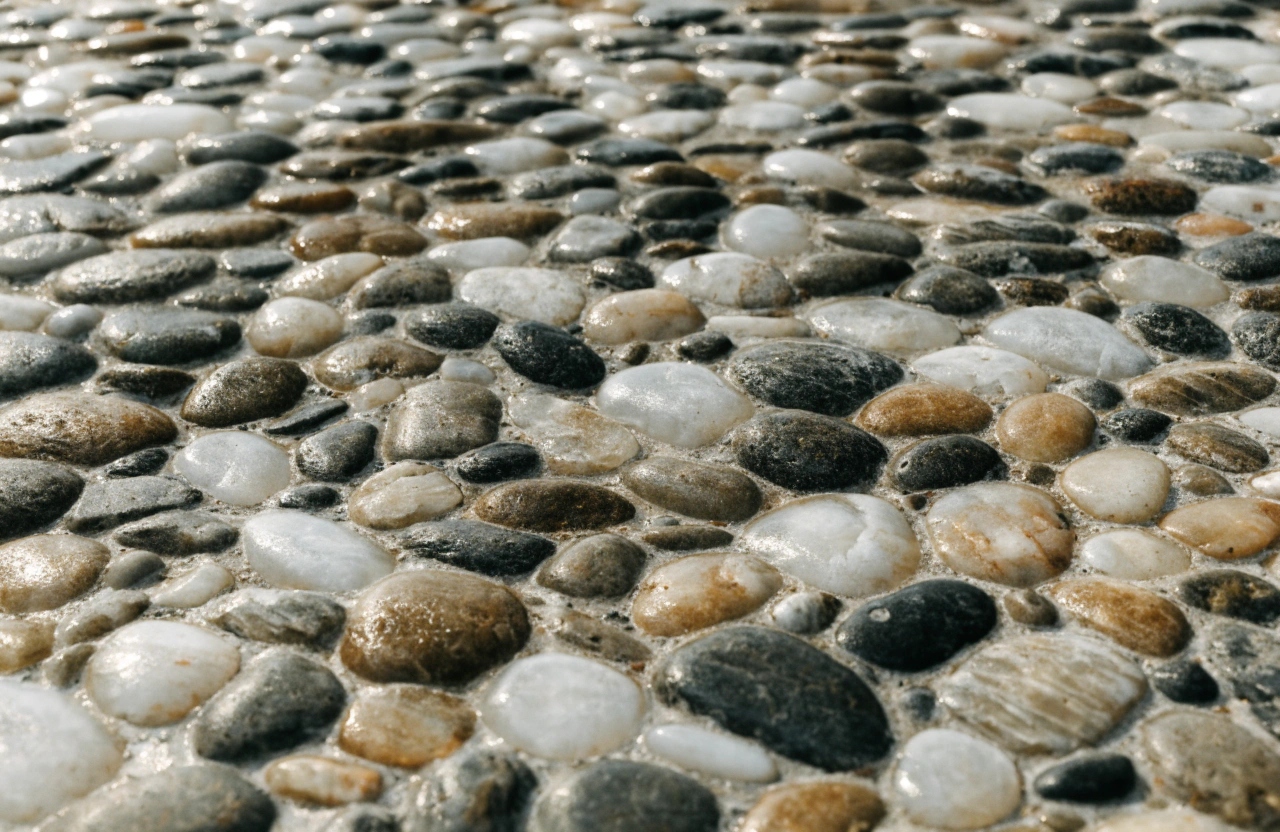 Close-up of exposed aggregate concrete finish with natural pebble texture