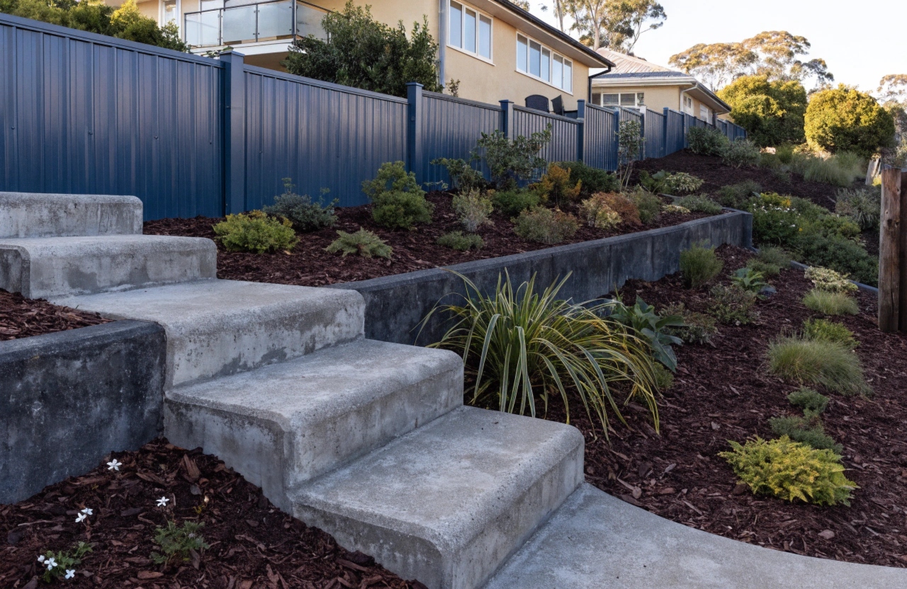 Concrete steps and retaining wall built into a sloping Farrer backyard