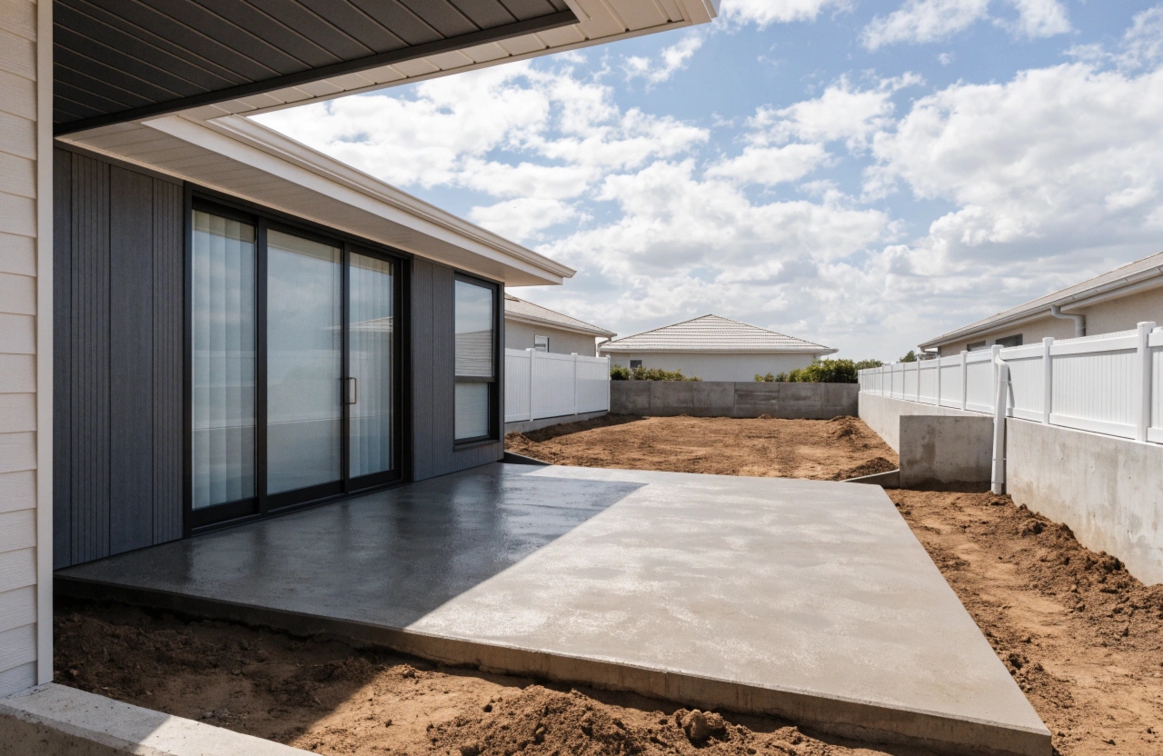 New concrete alfresco slab at the rear of a Googong new build