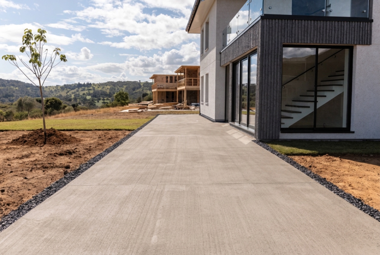 Freshly poured concrete driveway at a new home in Googong