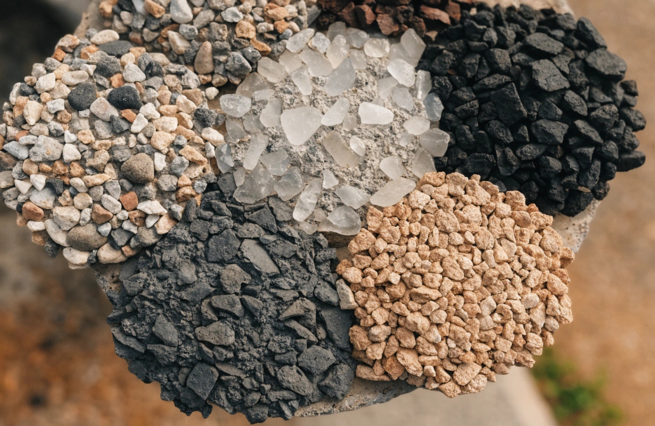 Overhead close-up of exposed aggregate driveway colour samples including charcoal, quartz, basalt and natural pebble