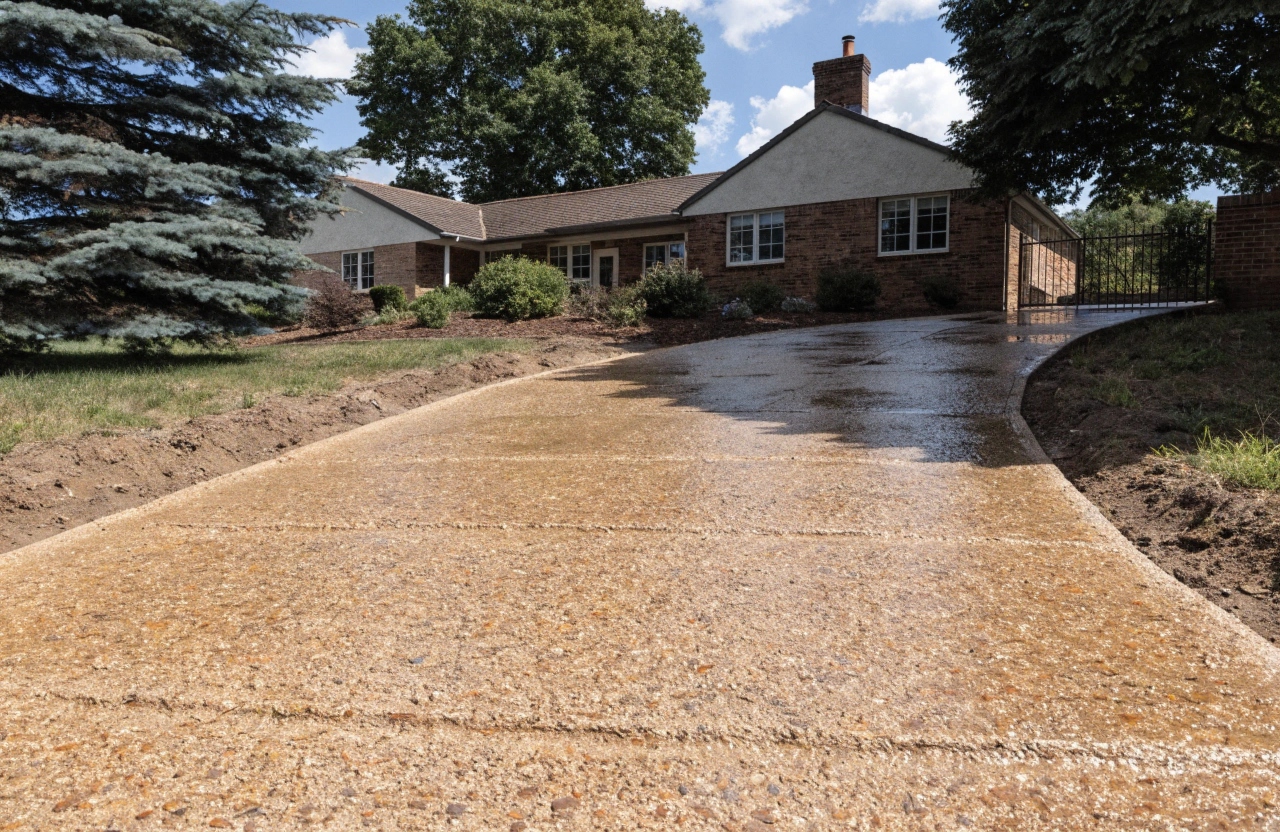 Exposed aggregate driveway leading to an established Isaacs home with mature trees and garden beds