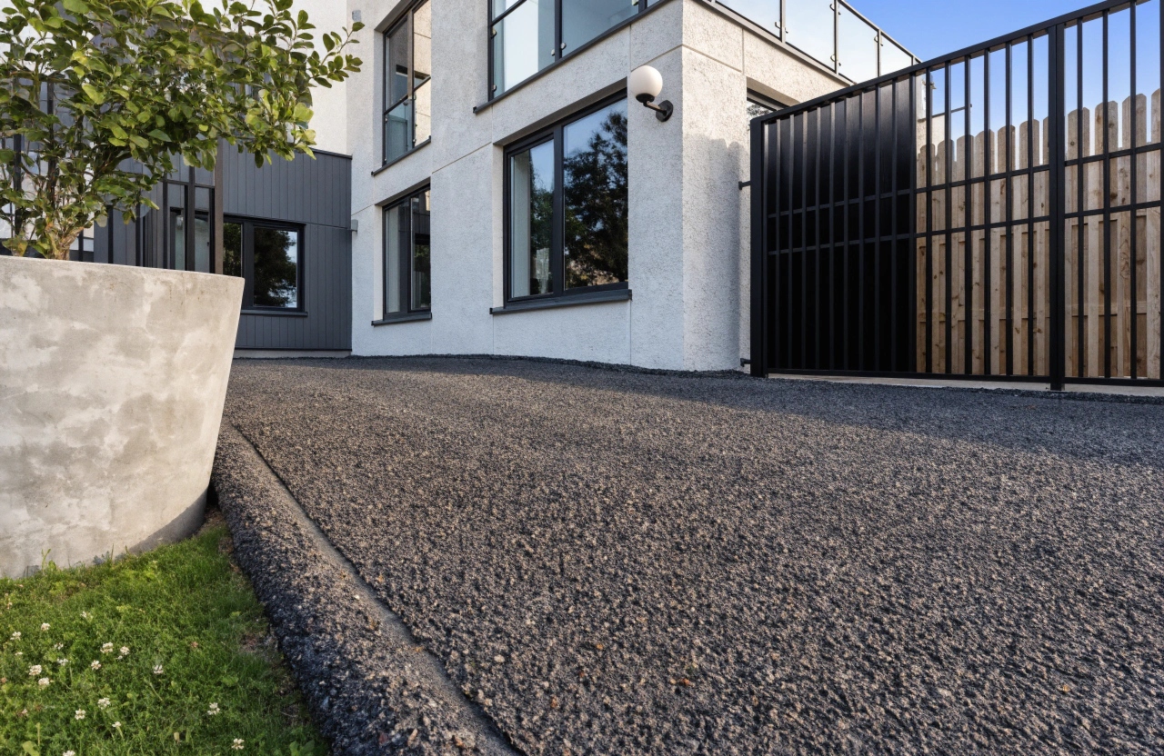 Charcoal exposed aggregate driveway finish outside a contemporary rendered Isaacs home