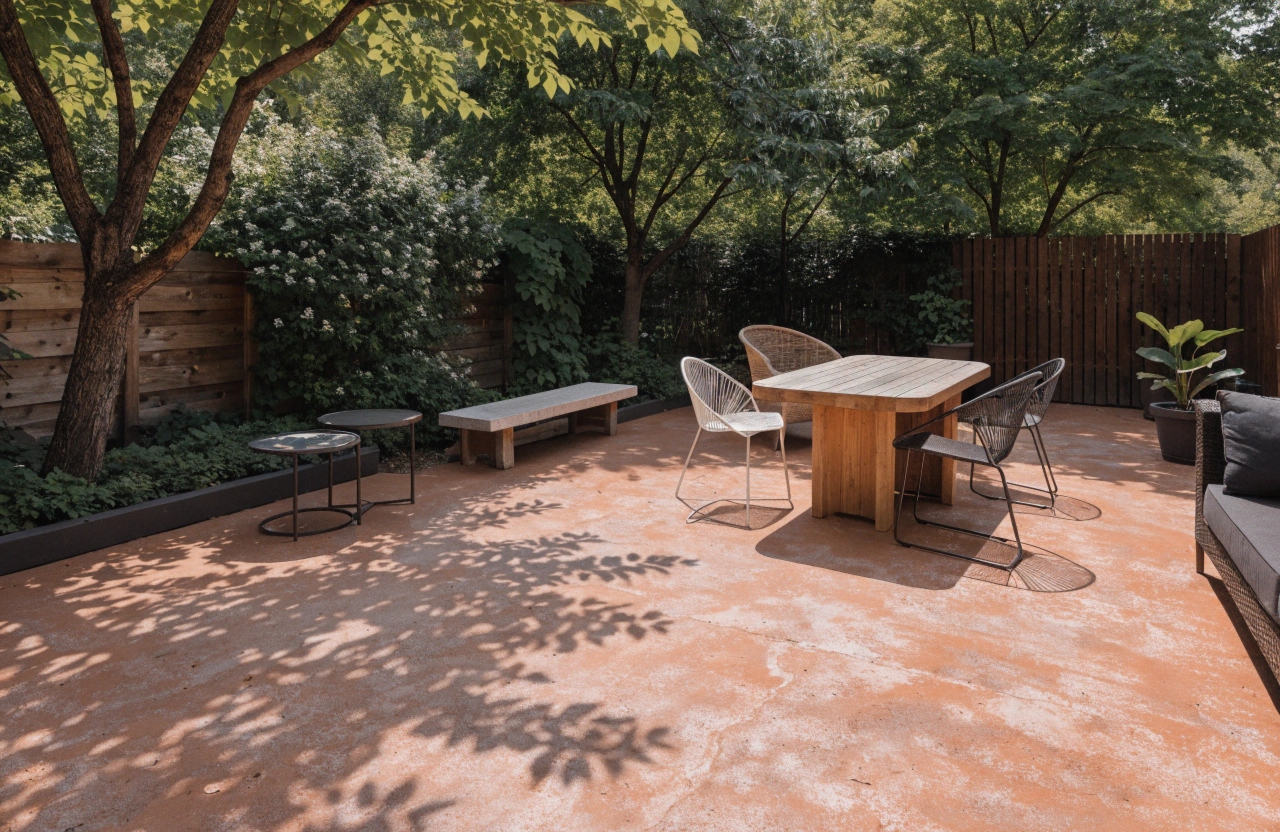 Terracotta exposed aggregate patio set up for outdoor entertaining in a leafy Isaacs backyard