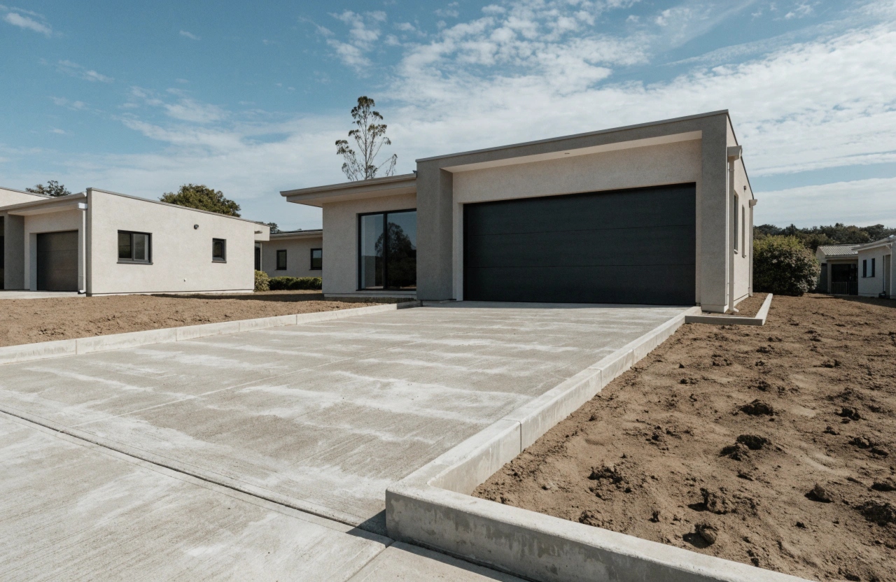 Freshly poured concrete driveway at a new build home in Jerrabomberra