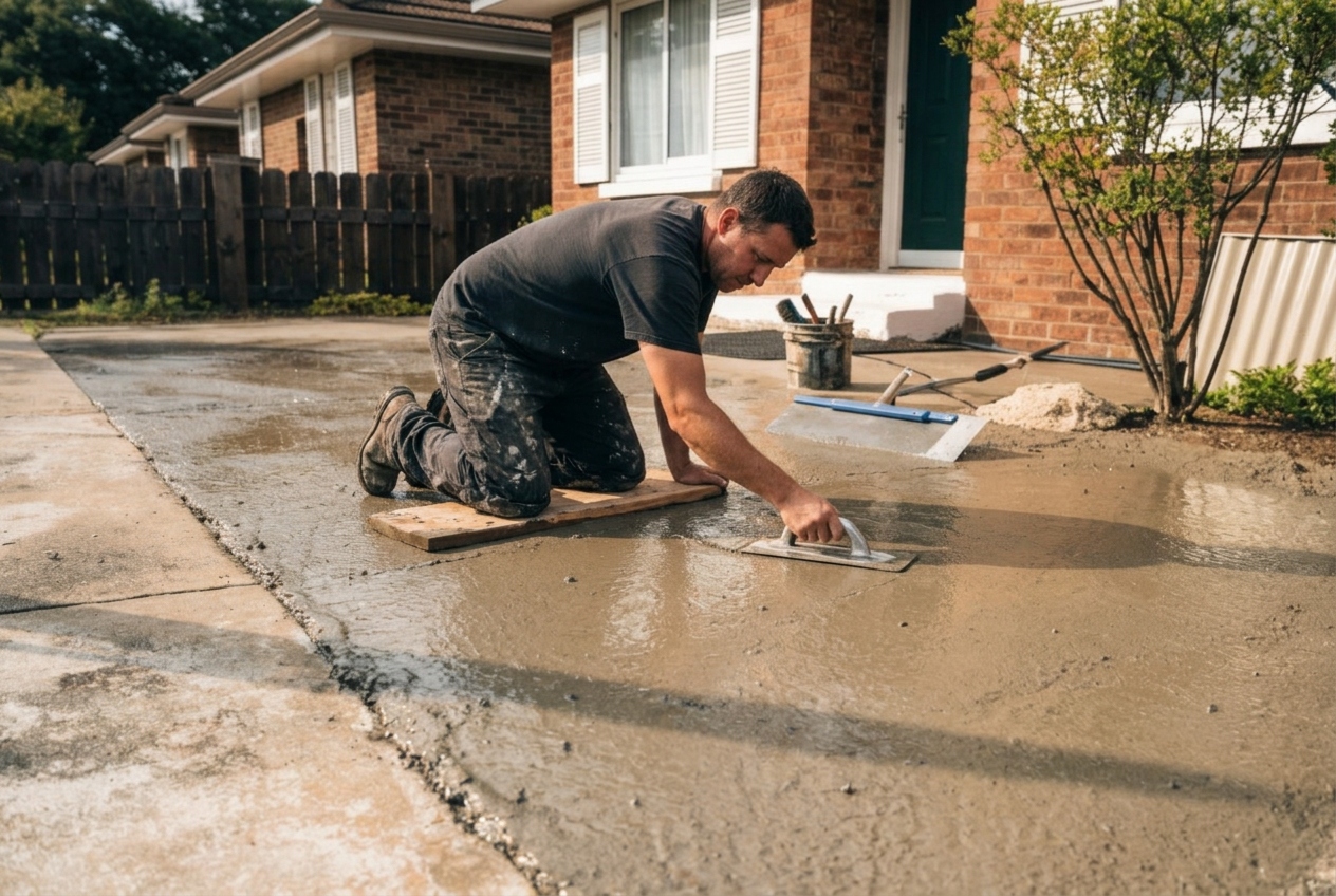 Concreter finishing a freshly poured driveway at a Karabar home