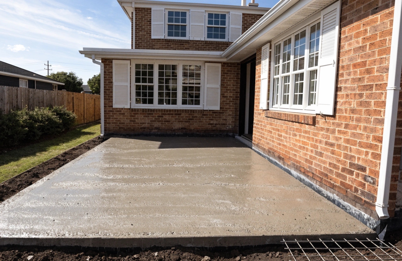 Concrete extension slab poured at the rear of a Monash family home