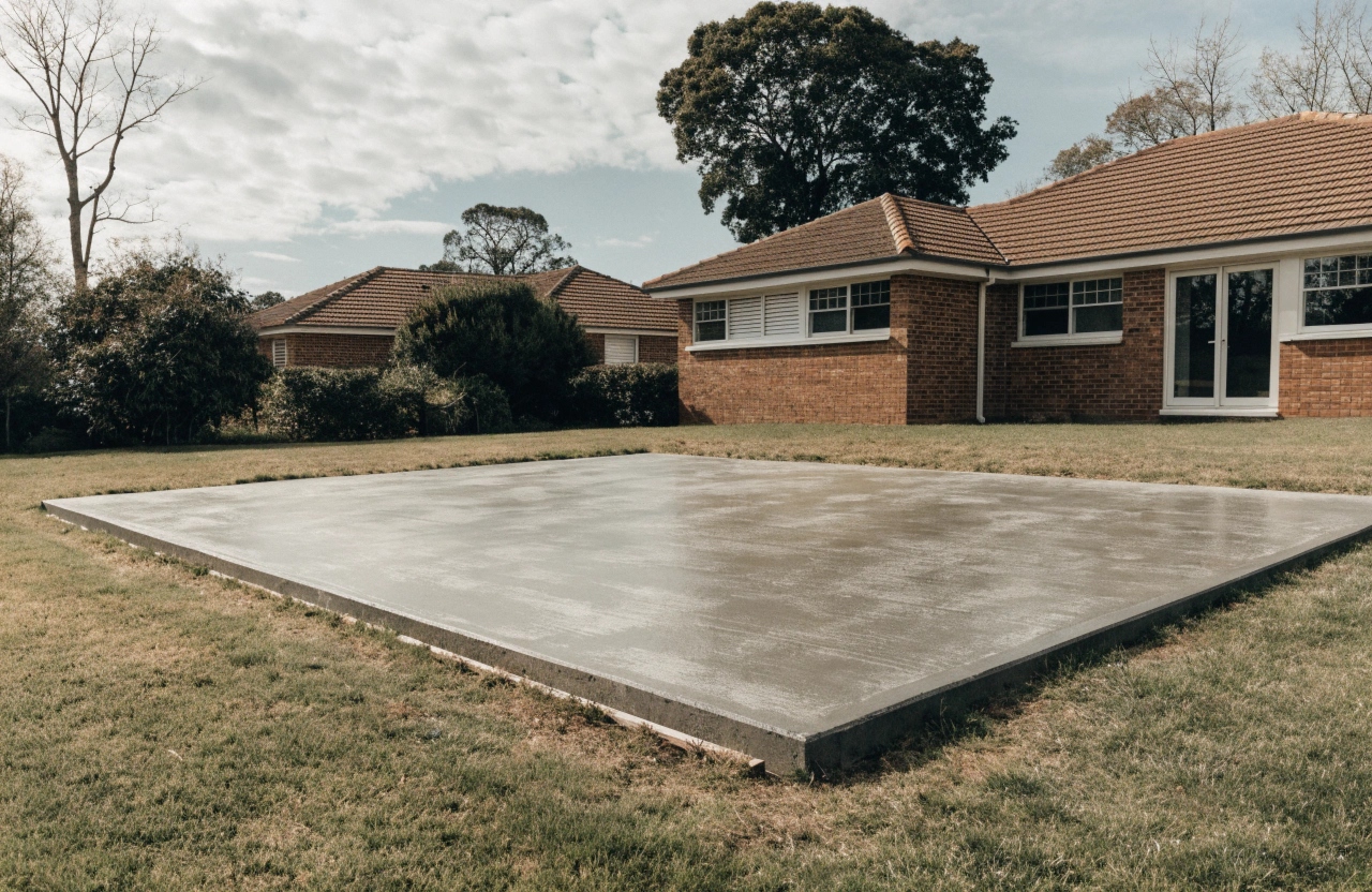 Freshly poured concrete shed slab in a Monash backyard