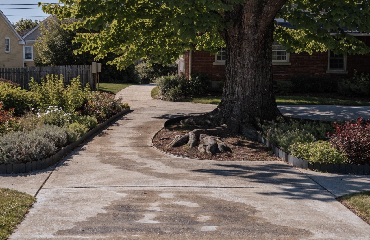 New concrete driveway installed around mature established trees on a Torrens block