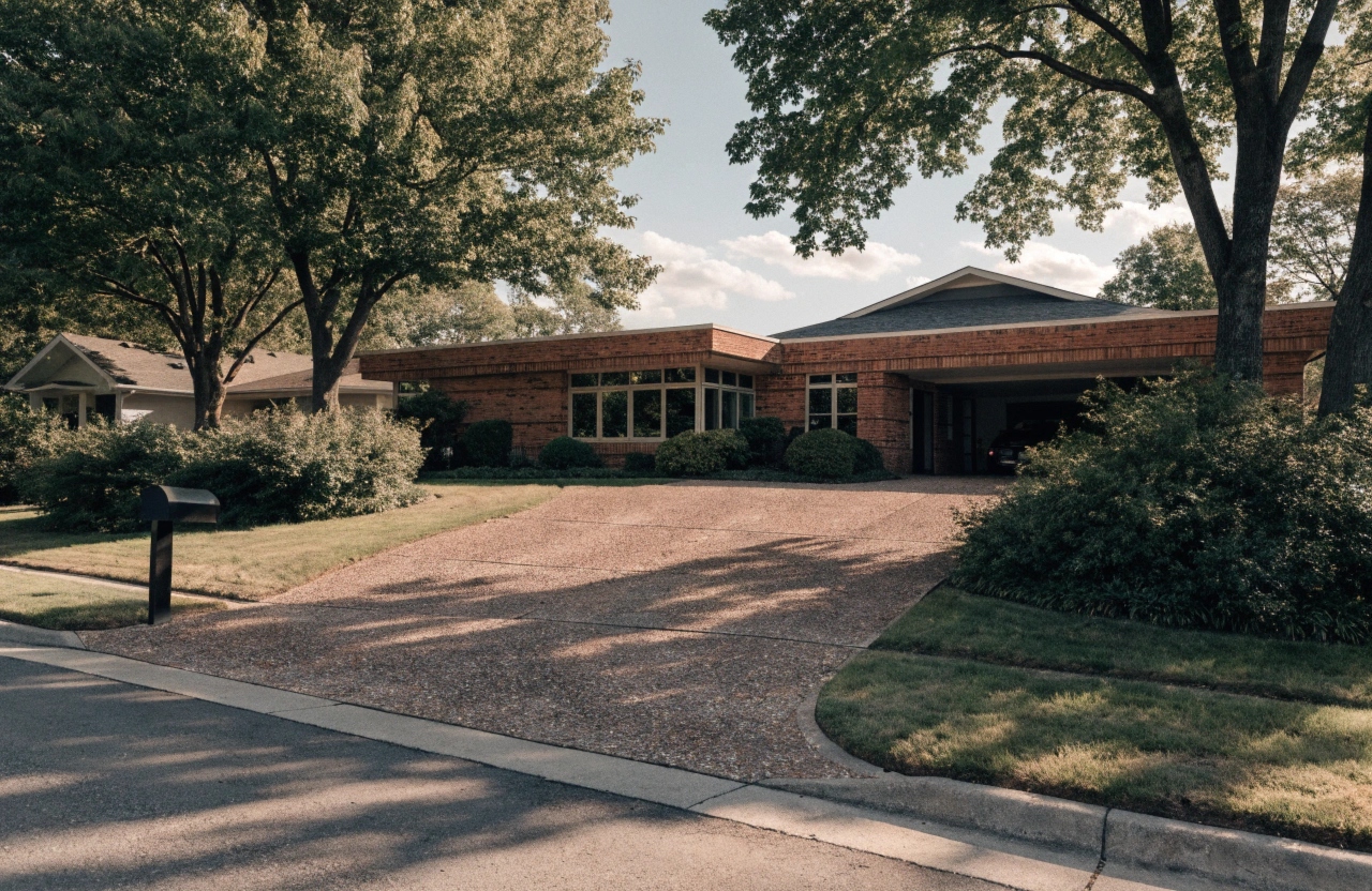 Exposed aggregate concrete driveway outside an established brick home in Torrens, Woden Valley