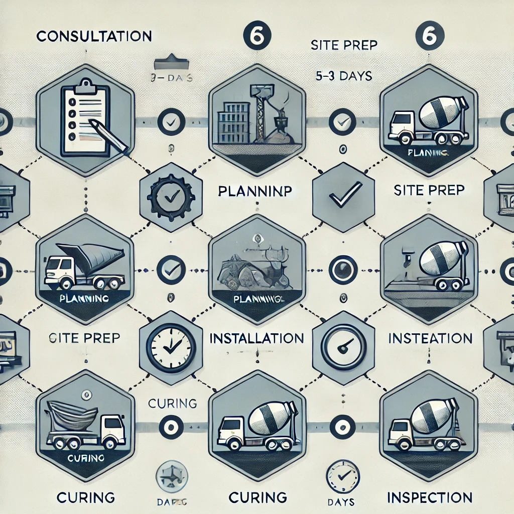 Professional infographic illustrating the 6-step concrete installation process