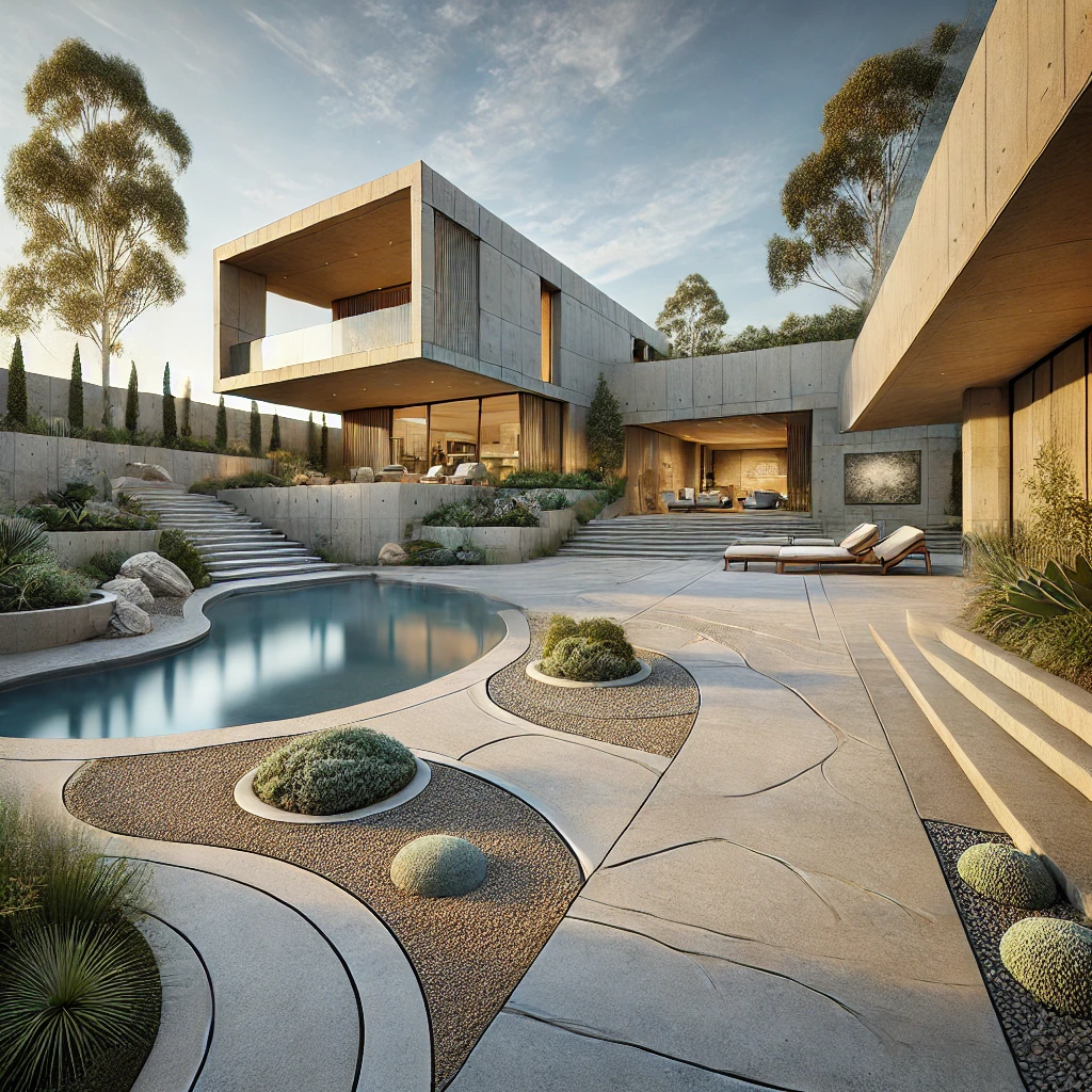 a photo of a concrete Paved pool surrounds