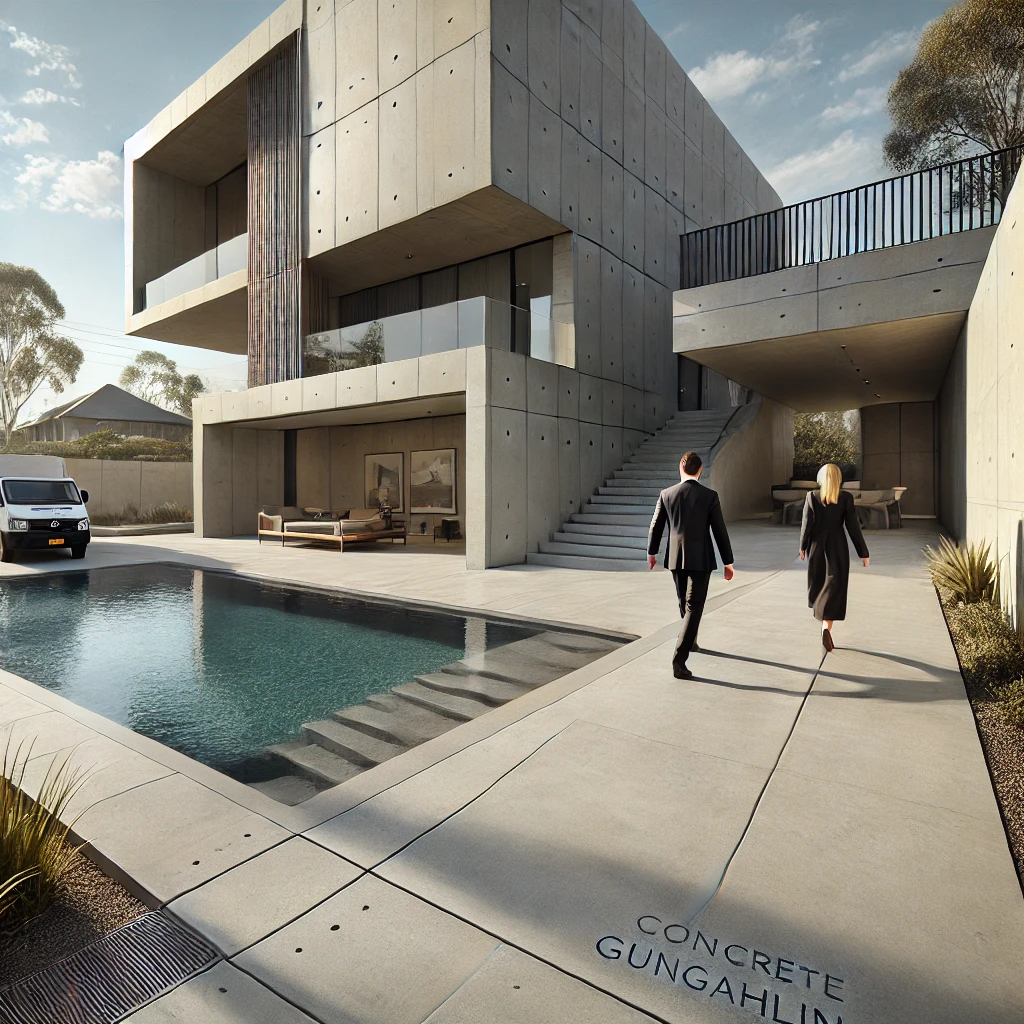 Modern Gungahlin home featuring elegant polished concrete surfaces, including a smooth driveway, seamless pathway
