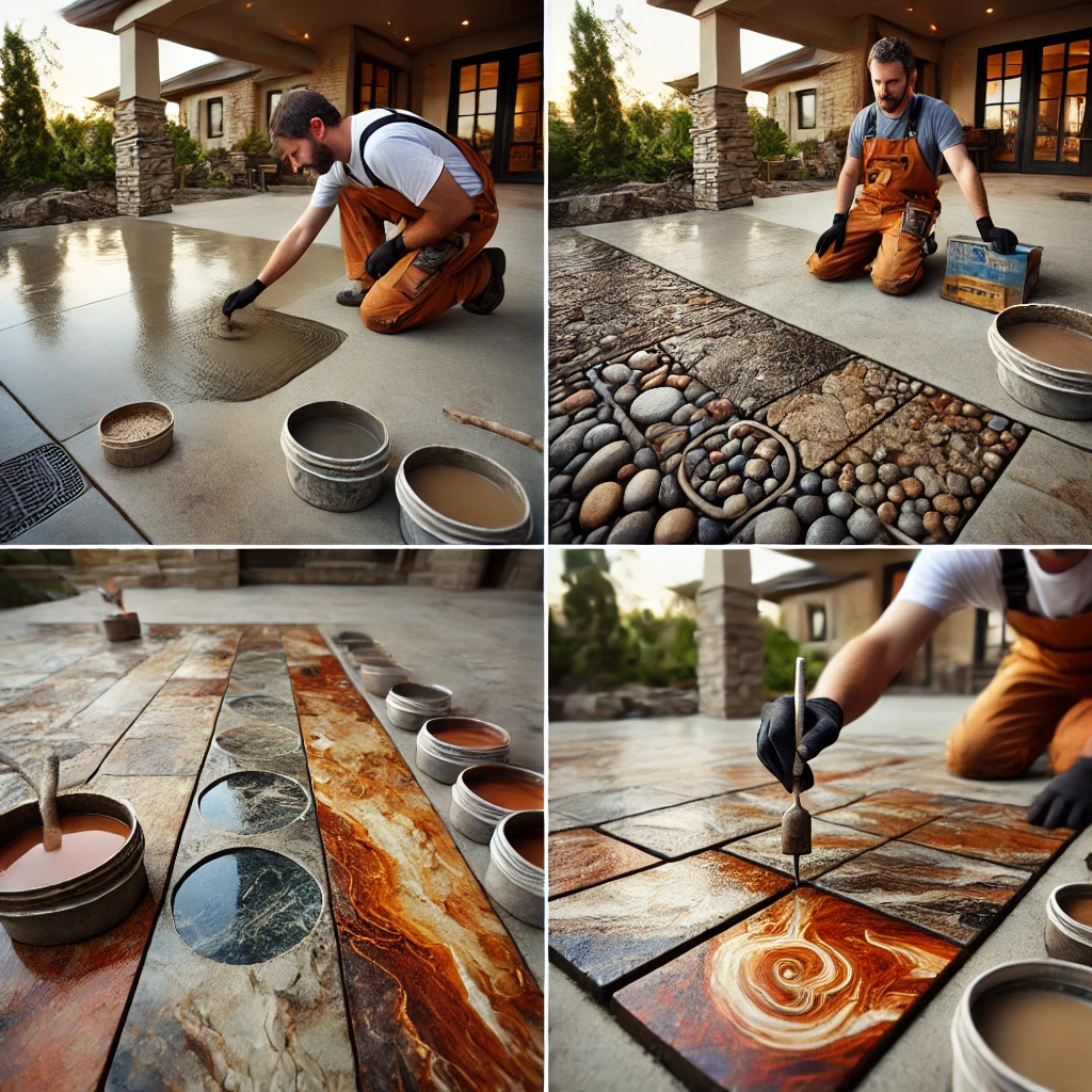 Professional concrete finisher demonstrating multiple finish techniques on a residential patio