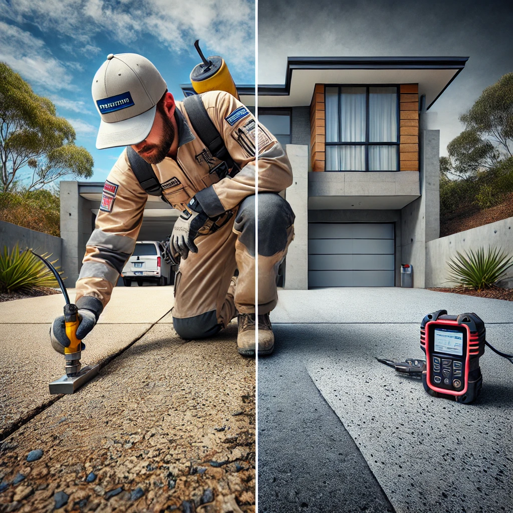 Split-image professional photograph showing a concrete specialist inspecting a residential driveway in Tuggeranong