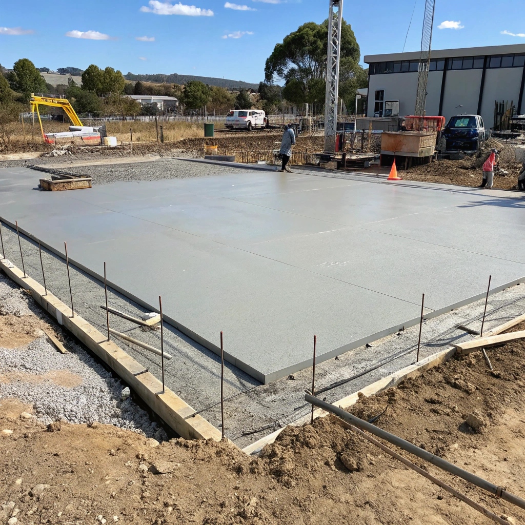 A photo of a newly installed concrete slab on a property