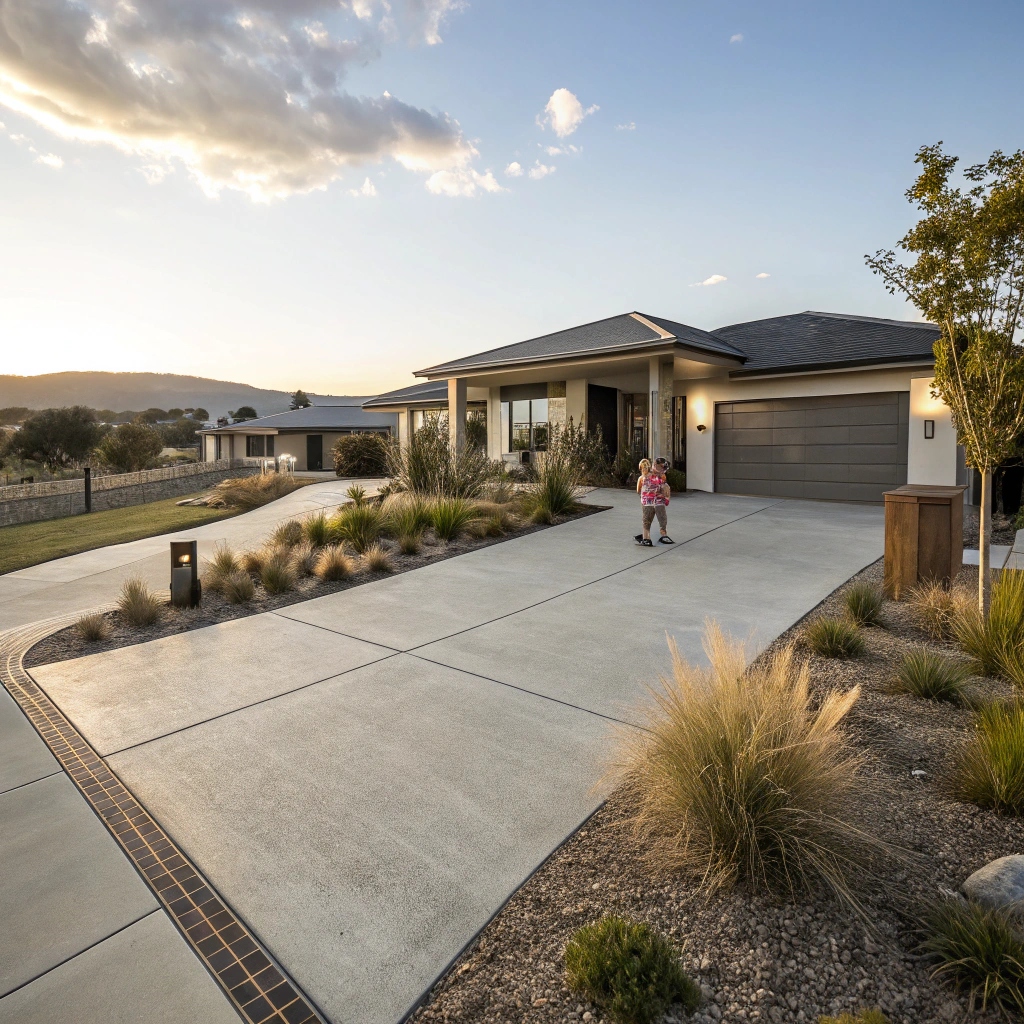 A concrte driveway extending to the house