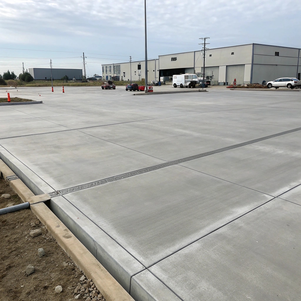 A photo of a commercial concrete path leading to a warehouse
