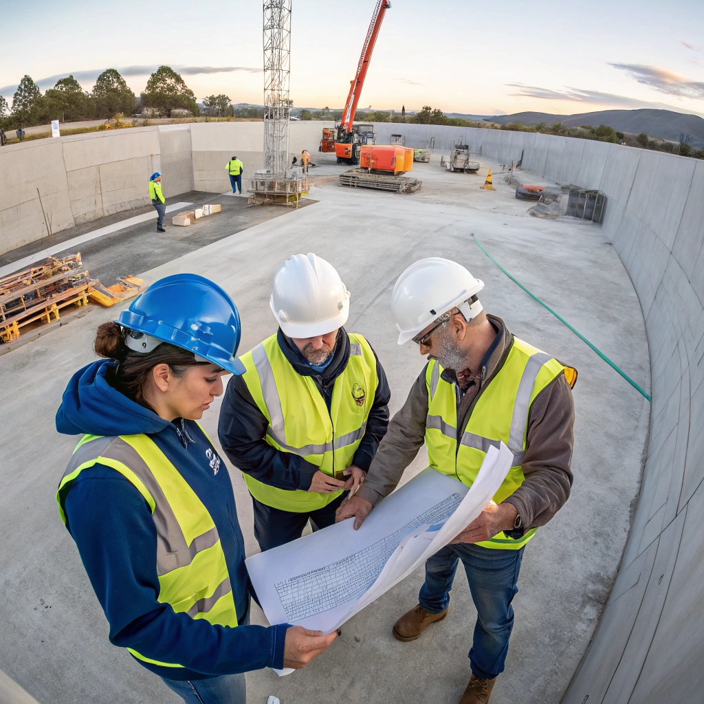 A photo of concrete workers studying a plan in Molonglo valley