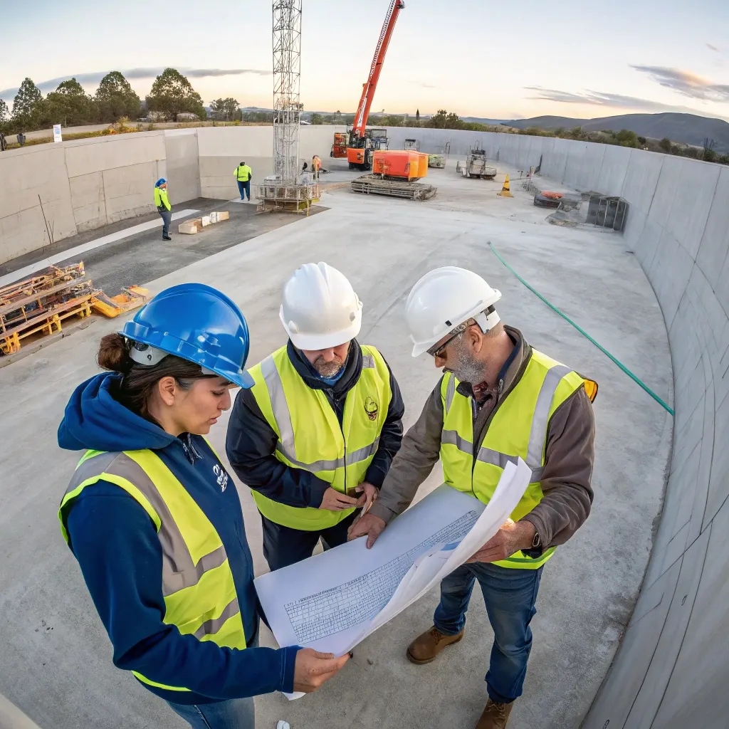 A photo of concrete workers studying a plan in Molonglo valley