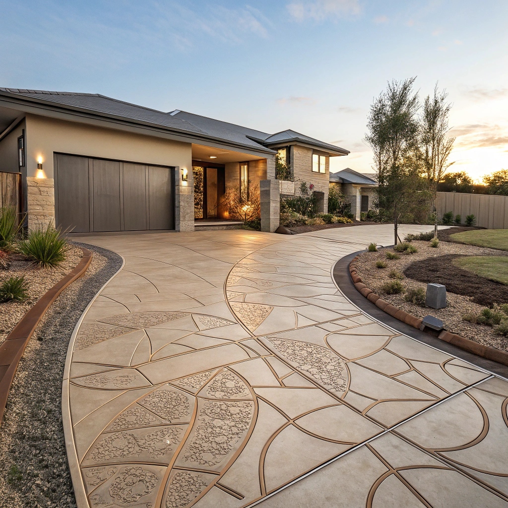 A photo of a stamped concrete driveway leading to a house