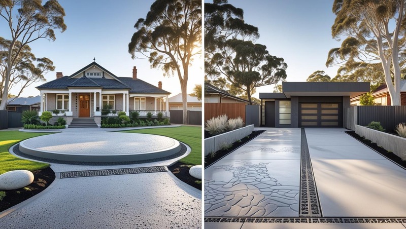 Hughes concrete contractors - Dual-Style Driveways Showcasing Exposed Aggregate & Stamped Decorative Concrete in Canberra’s Prestigious Inner South