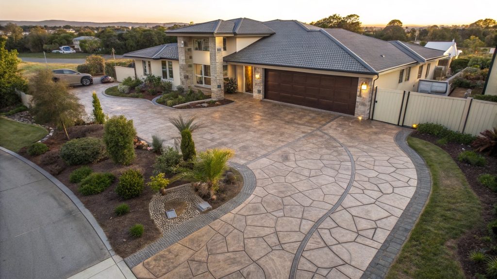 Aerial view of Gungahlin home featuring decorative stamped concrete driveway and patio enhancing property curb appeal and value