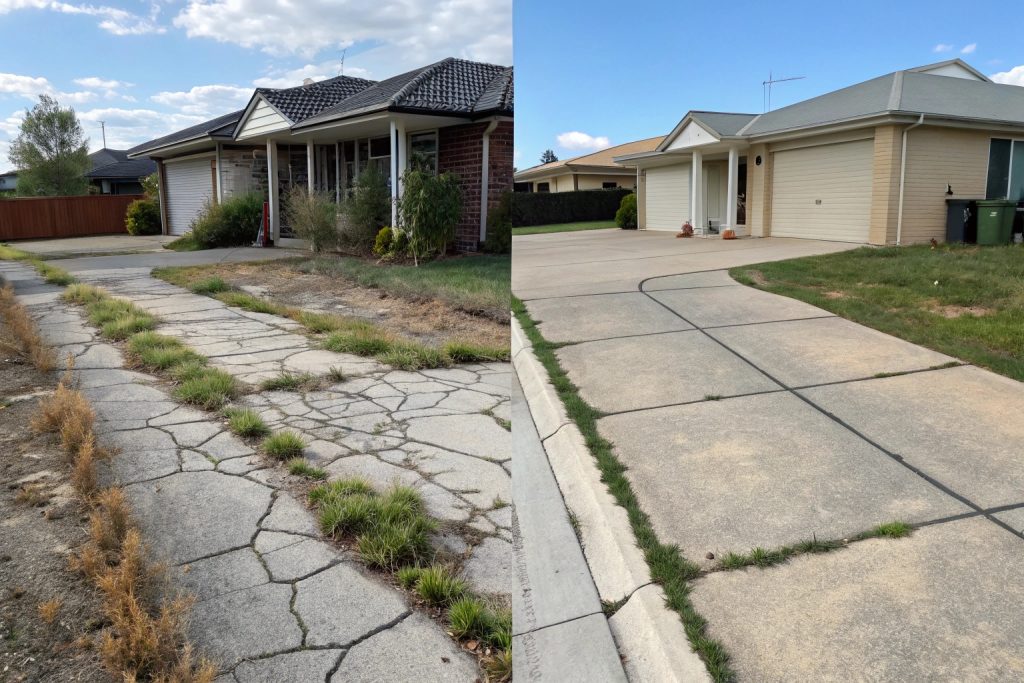 Before and after comparison showing old damaged driveway replaced with new concrete driveway in Gungahlin
