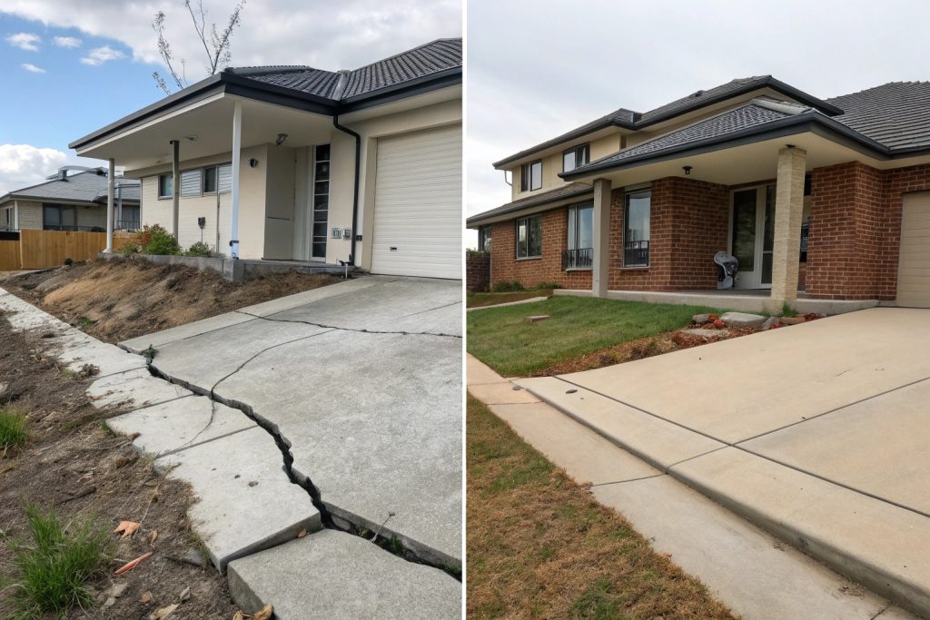 Comparison of failed thin concrete slab with cracks versus properly designed thick slab in Gungahlin residential property