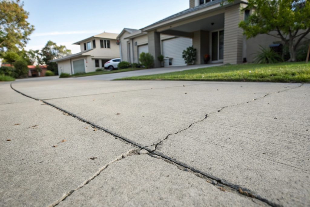 Close-up view of hairline cracks in a concrete driveway showing normal wear patterns that Gungahlin homeowners should monitor