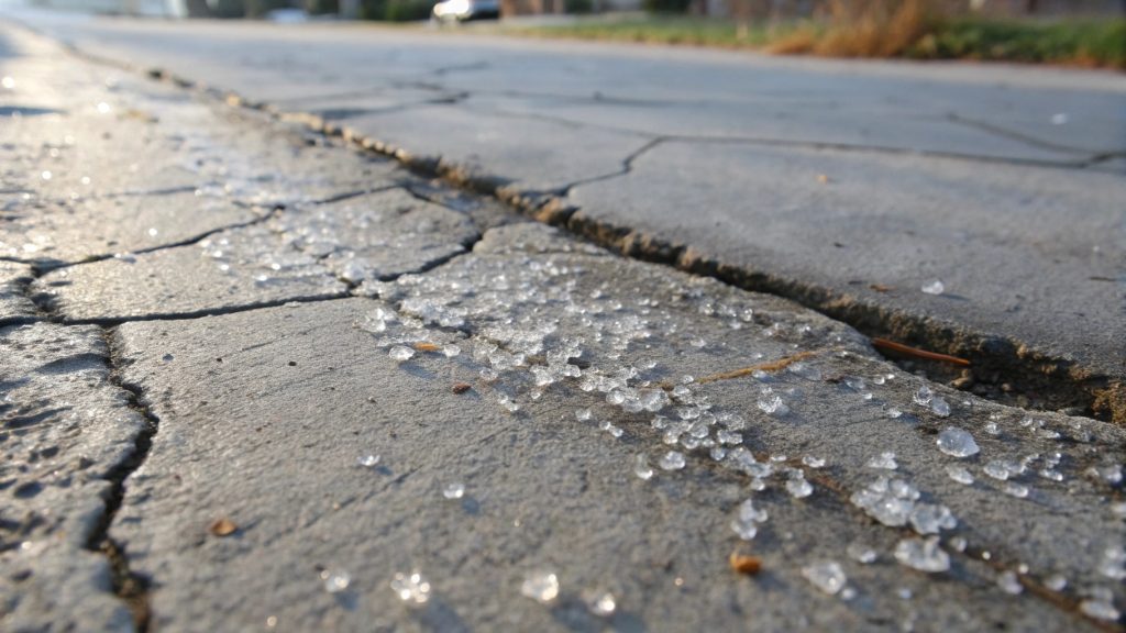 Close-up view of exposed aggregate concrete surface withstanding frost conditions typical of Gungahlin winters
