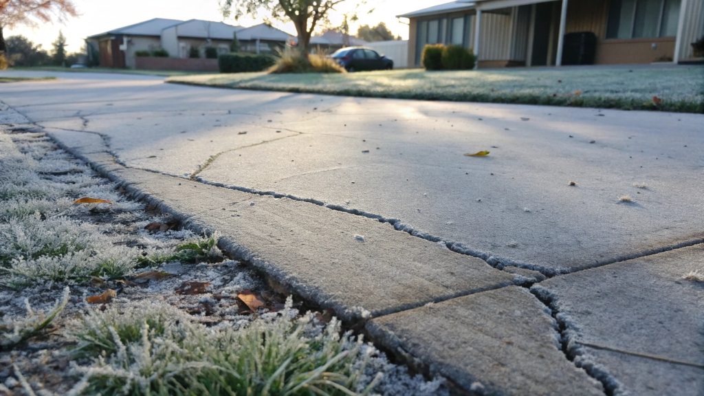 Frost damage and hairline cracks in concrete driveway showing winter climate effects in Gungahlin