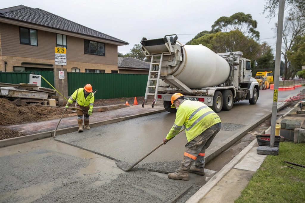 Concrete truck and workers pouring driveway showing construction process and access requirements