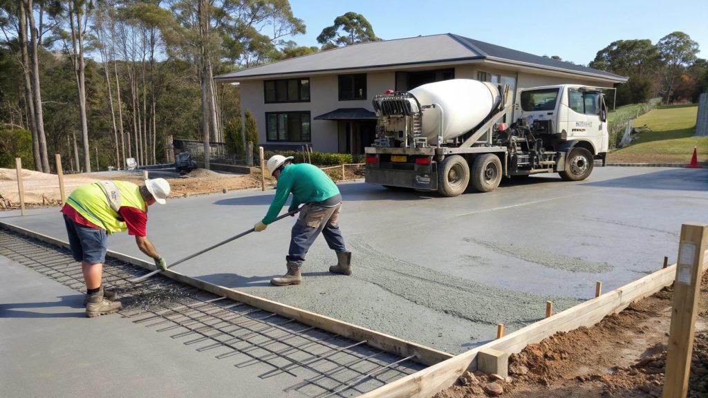 Professional concrete driveway installation process showing workers pouring and finishing concrete in Gungahlin residential area