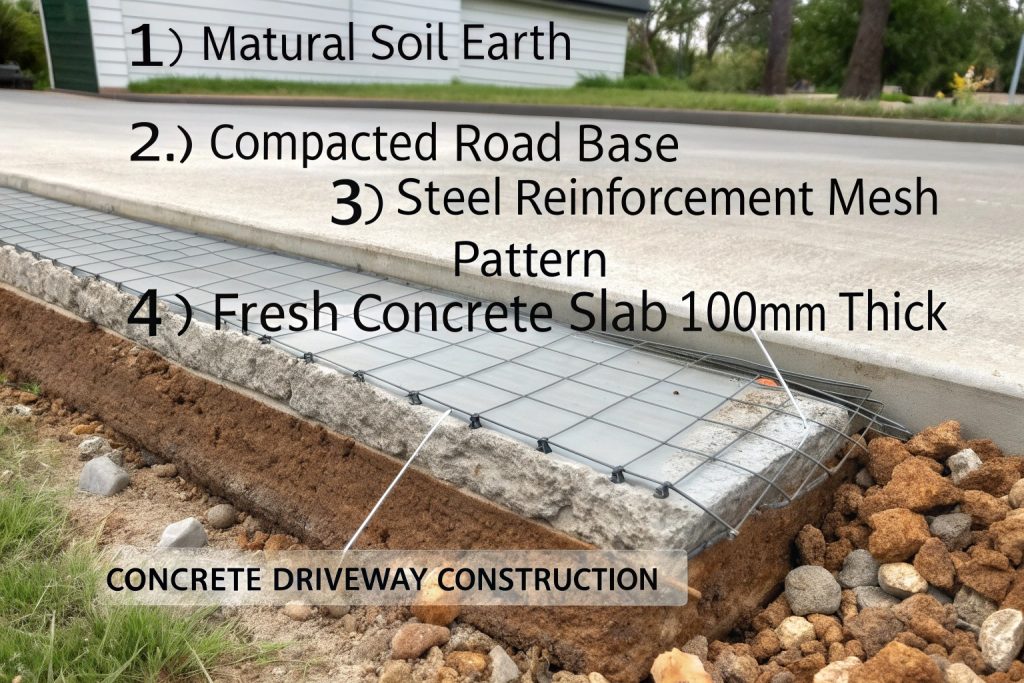 Technical diagram showing concrete driveway construction layers including base preparation and reinforcement