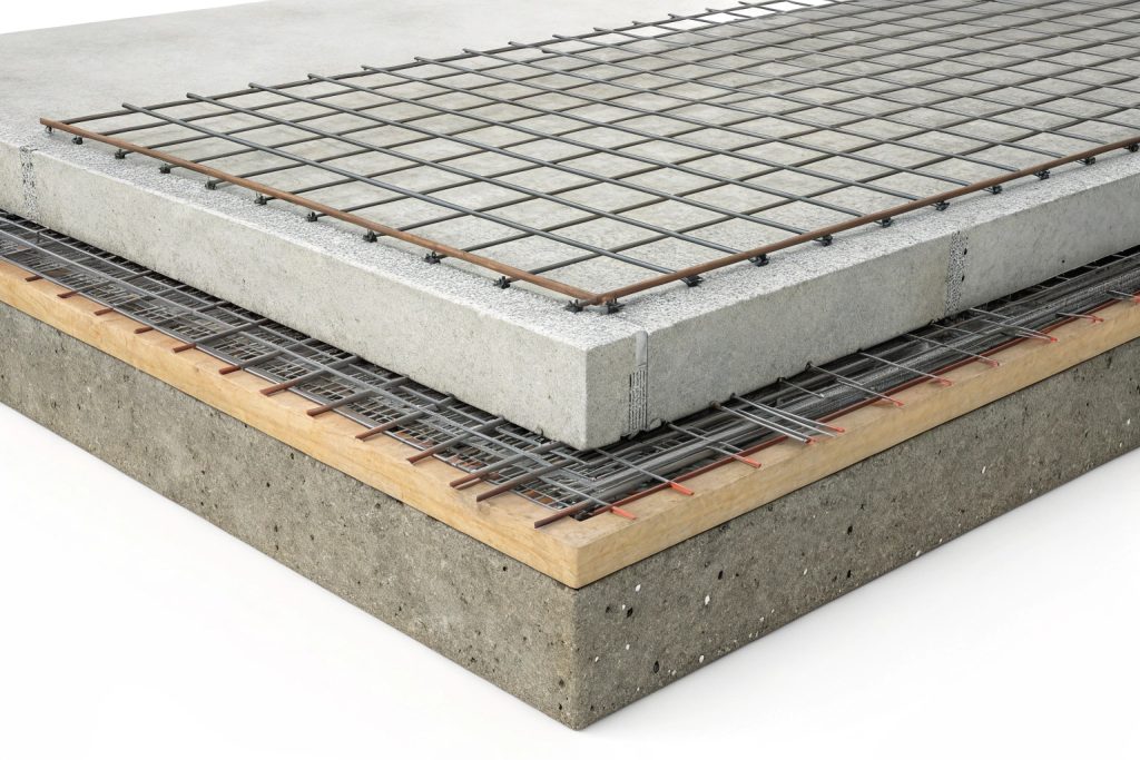 3D cutaway diagram showing steel reinforcement mesh placement in different concrete slab thicknesses with proper cover requirements
