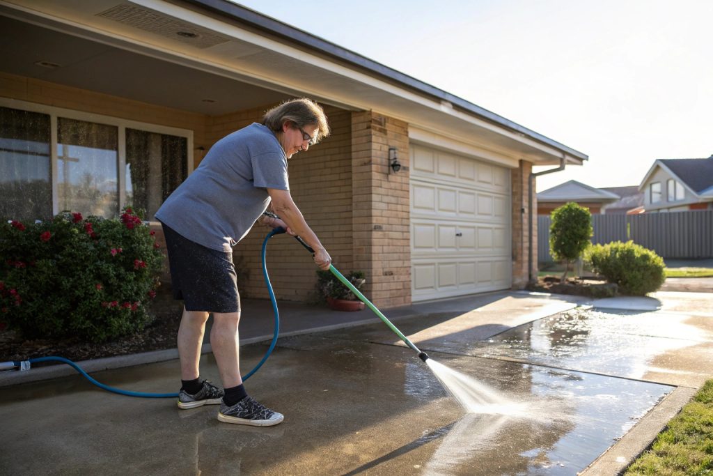Homeowner demonstrating proper concrete driveway cleaning technique using garden hose and brush for regular maintenance