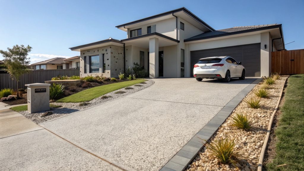 Modern Gungahlin home with exposed aggregate concrete driveway showing improved curb appeal and property value