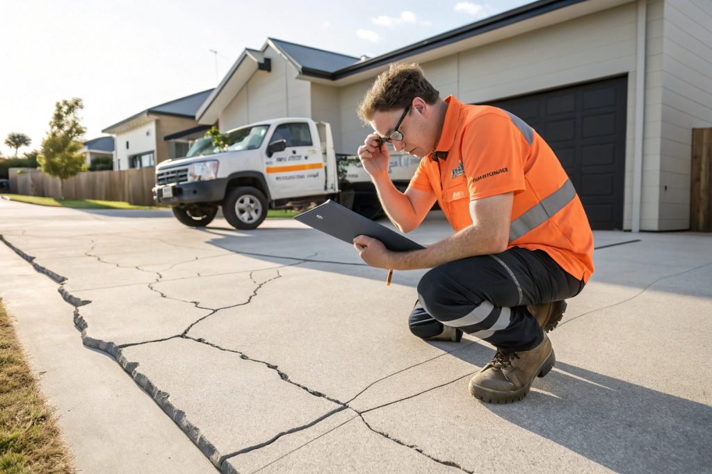 Professional concrete contractor inspecting driveway cracks and documenting assessment for repair recommendations