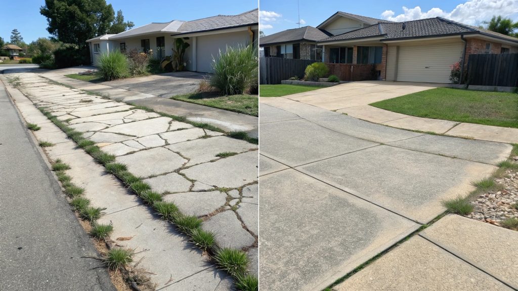 Comparison of damaged paver driveway with cracks and uneven surfaces versus well-maintained concrete driveway in Gungahlin residential setting