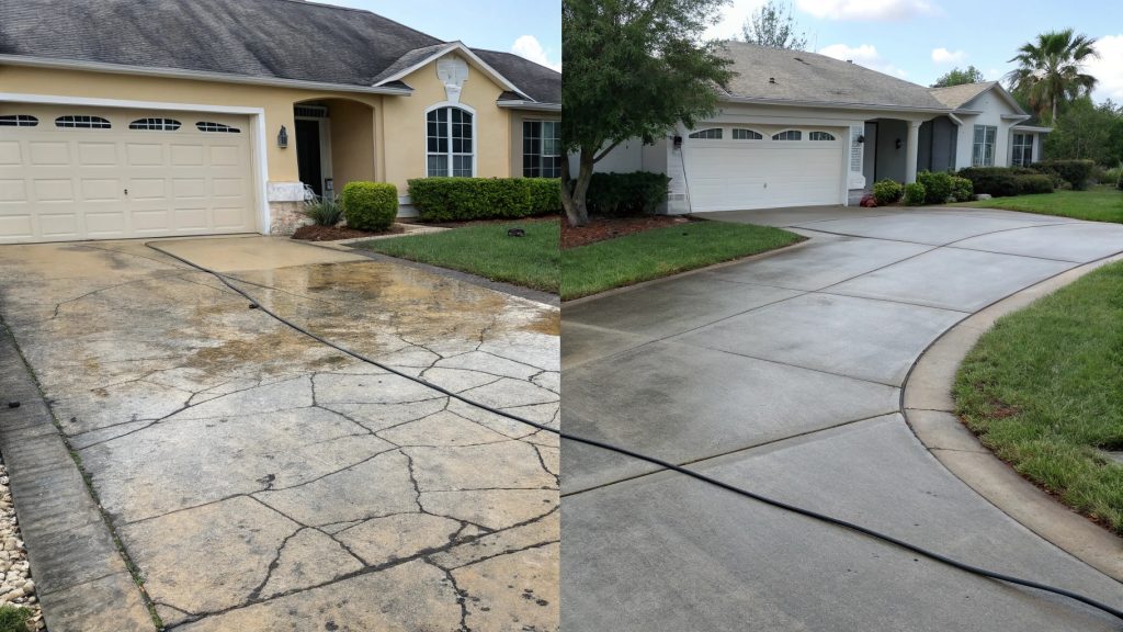 Maintenance comparison showing well-maintained concrete vs neglected asphalt driveway in Gungahlin suburb