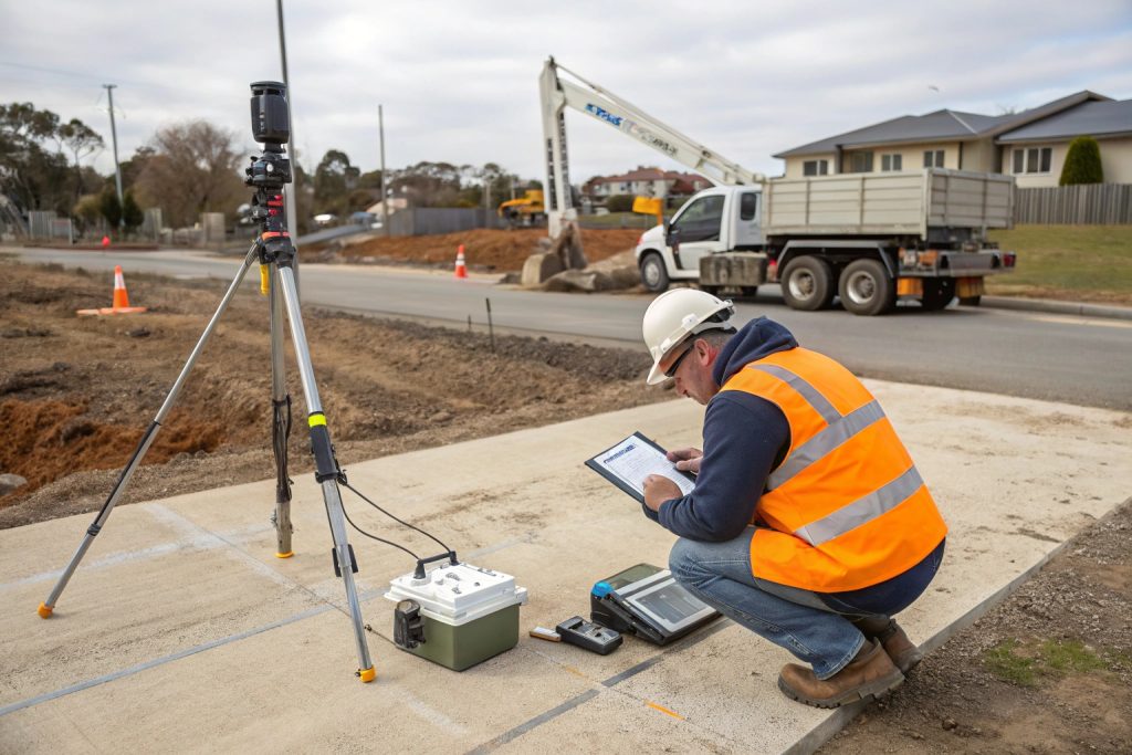 Gungahlin concrete slab construction process from soil testing to thickness measurement and concrete pouring on residential site