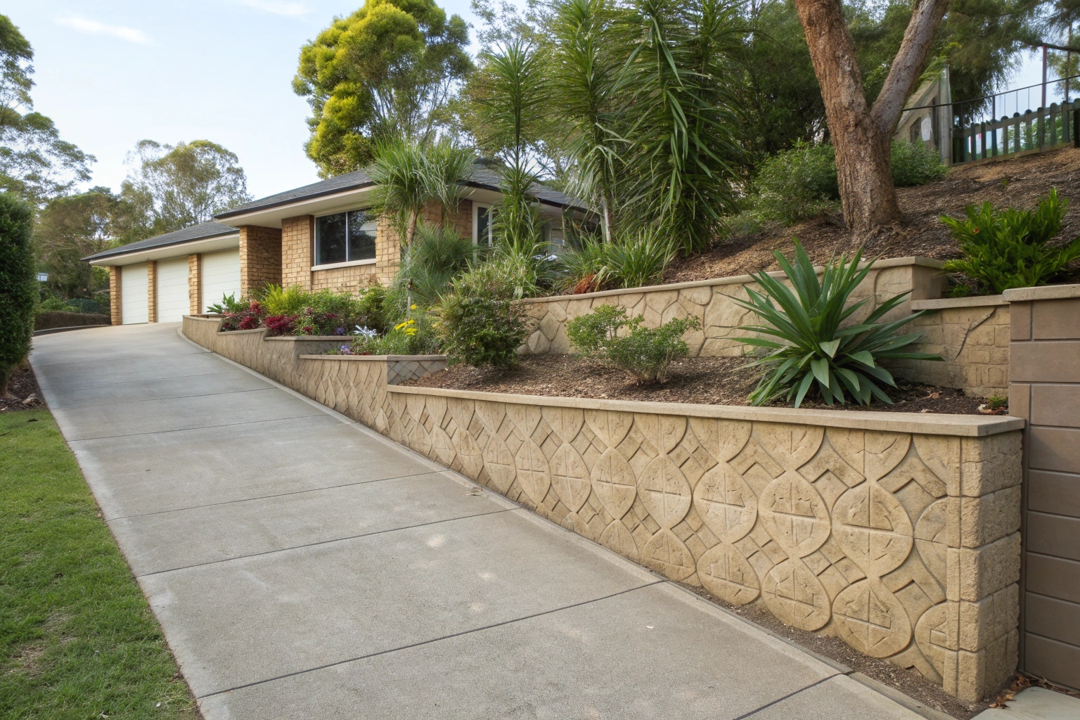 Decorative stamped concrete retaining wall with landscaping in a Canberra residential setting